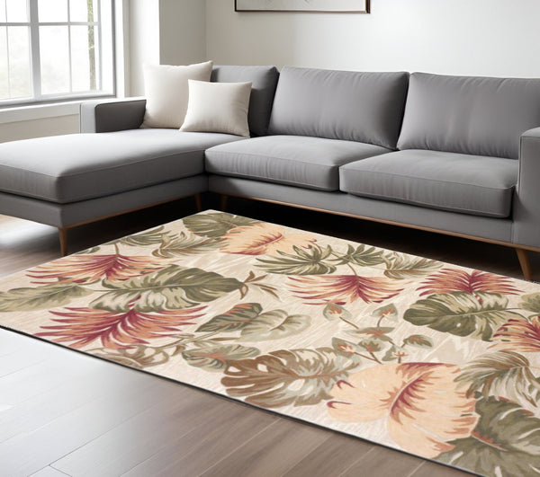 HomeRoots 5' Wool Botanical Leaves Hand-Tufted Area Rug in Beige, Green & Pink - Artisanal Charm for Your Home 7' X 9' 350319