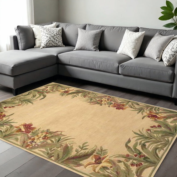 HomeRoots 5' Hand-Tufted Wool Area Rug with Tropical Floral Design – Luxurious Beige, Red & Green Elegance 8' X 10' 350320