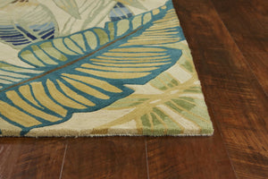 HomeRoots 5' Tropical Botanical Hand-Tufted Area Rug in Ivory, Teal & Green - Soft Wool for Cozy Spaces 8' X 10' 350322