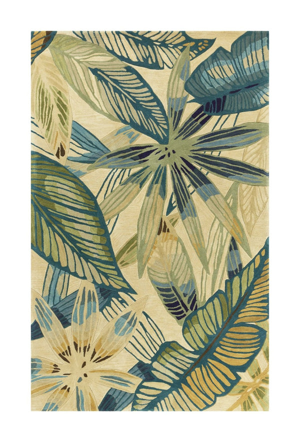 HomeRoots 5' Tropical Botanical Hand-Tufted Area Rug in Ivory, Teal & Green - Soft Wool for Cozy Spaces 8' X 10' 350322