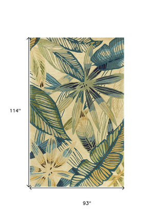 HomeRoots 5' Tropical Botanical Hand-Tufted Area Rug in Ivory, Teal & Green - Soft Wool for Cozy Spaces 8' X 10' 350322