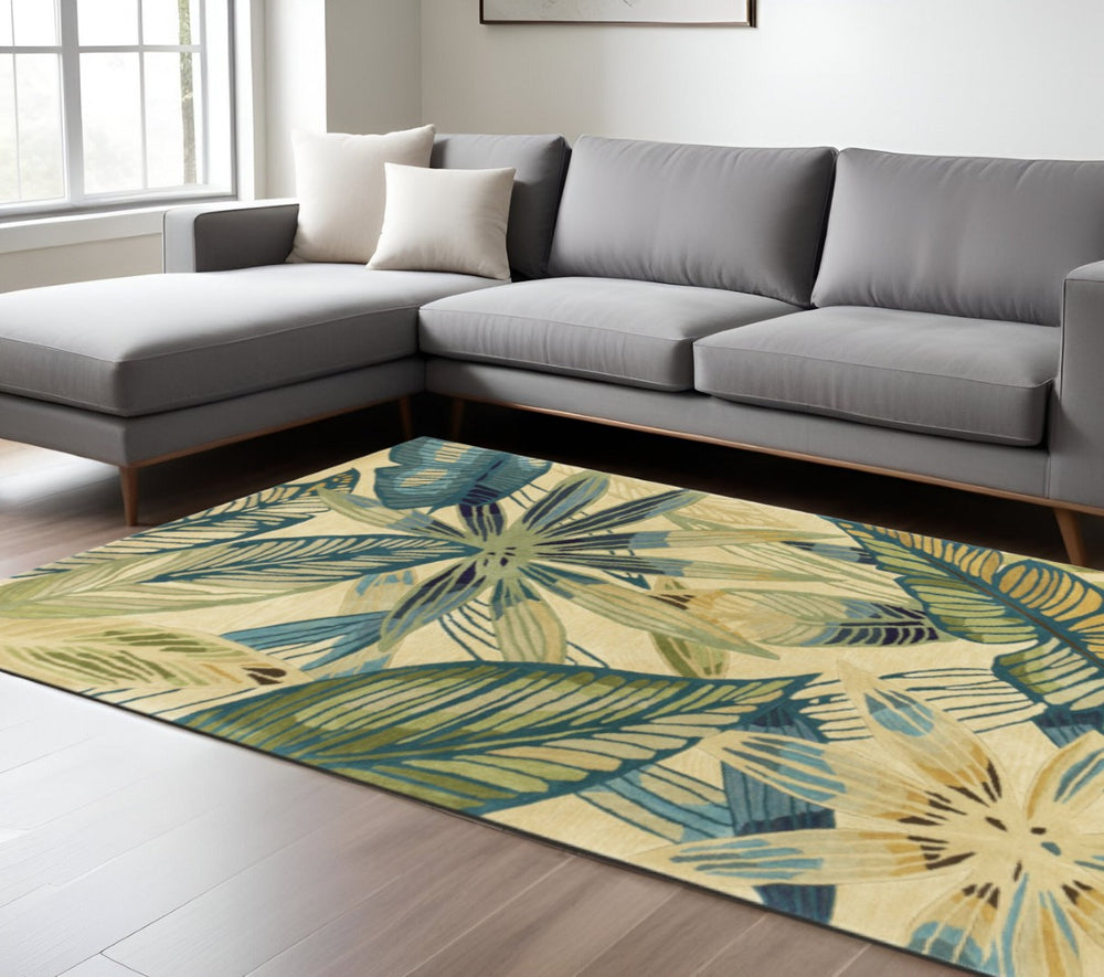 HomeRoots 5' Tropical Botanical Hand-Tufted Area Rug in Ivory, Teal & Green - Soft Wool for Cozy Spaces 8' X 10' 350322