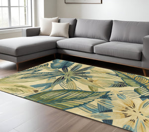 HomeRoots 5' Tropical Botanical Hand-Tufted Area Rug in Ivory, Teal & Green - Soft Wool for Cozy Spaces 8' X 10' 350322