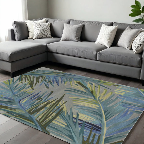 HomeRoots 5' Elegant Blue and Gray Tropical Botanical Hand-Tufted Wool Area Rug - Perfect for Any Room Decor! 7' X 9' 350323