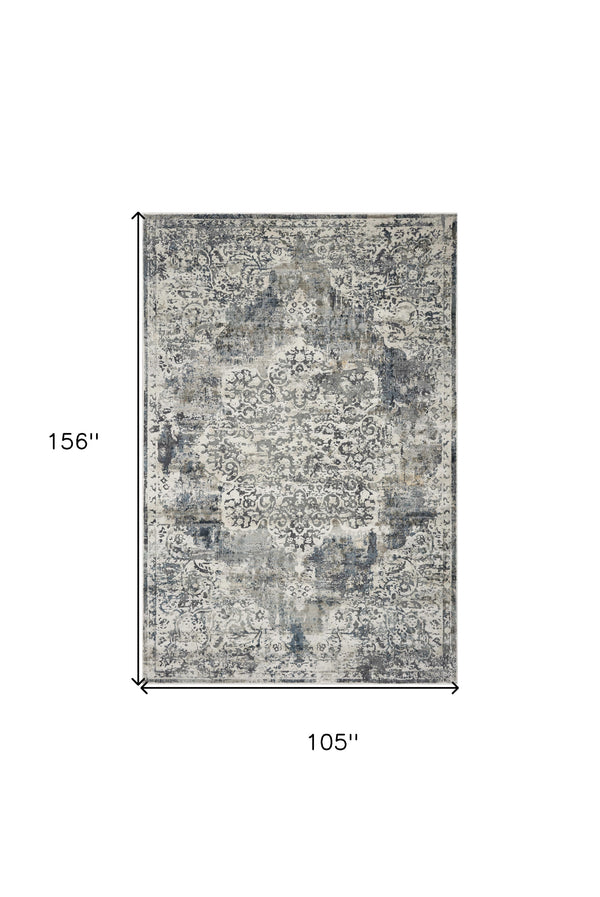 Homeroots 9' X 13' Ivory Machine Woven Distressed Diamond Floral Medallion Indoor Area Rug  Polyester 350332