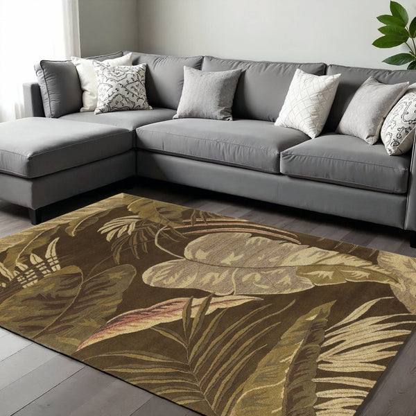 HomeRoots 8' Luxurious Brown and Beige Hand-Tufted Wool Area Rug with Botanical Leaves Design for Cozy Spaces 8' X 10' 350335