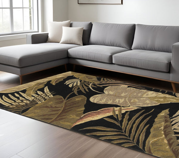 HomeRoots 8' Handcrafted Wool Botanical Leaves Area Rug in Black, Beige & Brown – Perfect for Any Room Decor 8' X 11' 350336