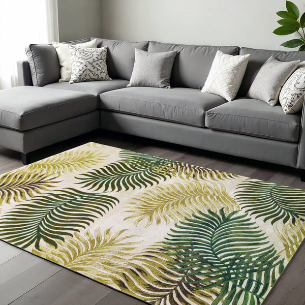 HomeRoots 5' Natural Green and Brown Wool Botanical Leaves Hand-Tufted Area Rug for Cozy Modern Spaces 8' X 11' 350338