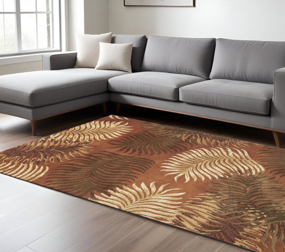 HomeRoots 8' Hand-Tufted Wool Area Rug with Contemporary Rust Orange and Green Botanical Leaves Design 8' X 10' 350339