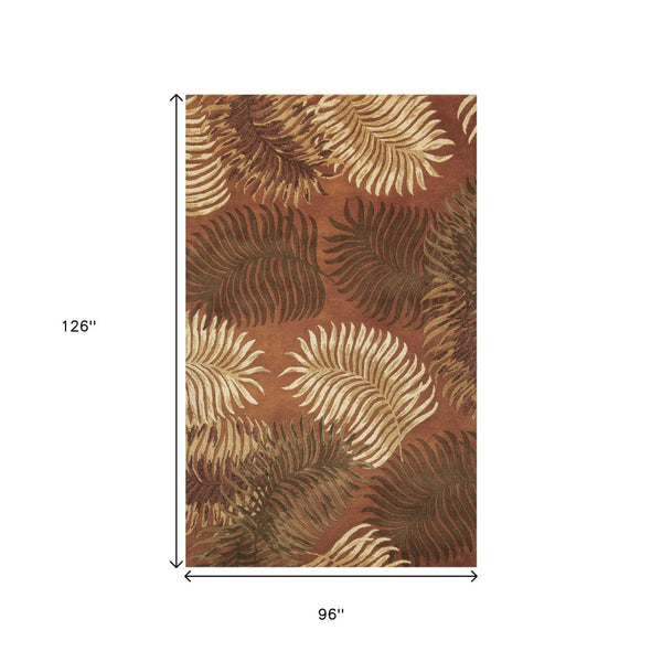 HomeRoots 8' Hand-Tufted Wool Area Rug with Contemporary Rust Orange and Green Botanical Leaves Design 8' X 10' 350339