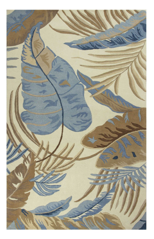 HomeRoots 8' Tropical Botanical Wool Area Rug – Hand-Tufted Coastal Elegance in Ivory, Blue, and Brown Tones 8' X 11' 350340