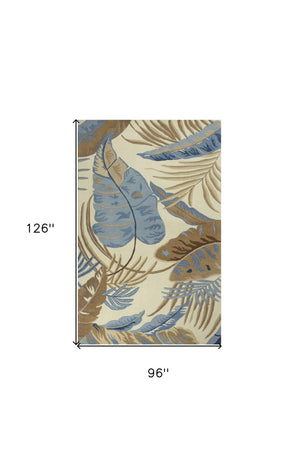 HomeRoots 8' Tropical Botanical Wool Area Rug – Hand-Tufted Coastal Elegance in Ivory, Blue, and Brown Tones 8' X 11' 350340