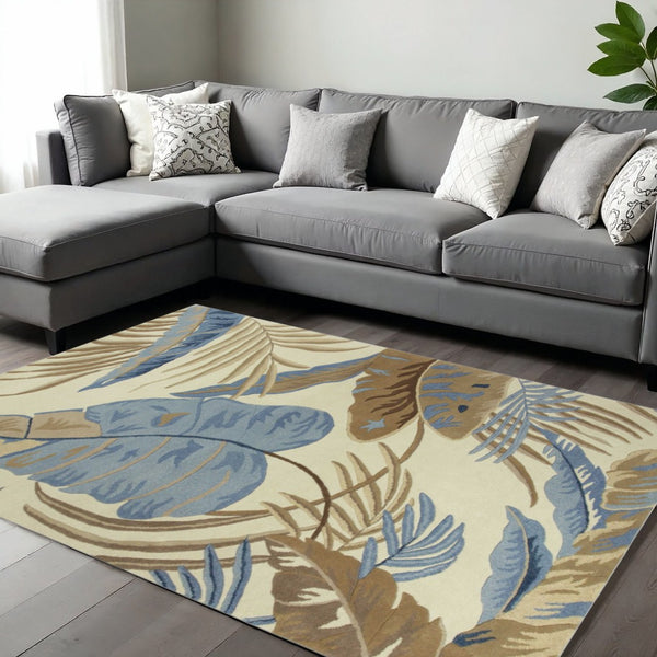 HomeRoots 8' Tropical Botanical Wool Area Rug – Hand-Tufted Coastal Elegance in Ivory, Blue, and Brown Tones 8' X 11' 350340