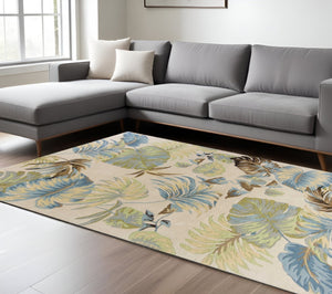 HomeRoots 8' Hand-Tufted Wool Area Rug with Ivory Background and Blue Botanical Leaves for Elegant Décor 8' X 10' 350341