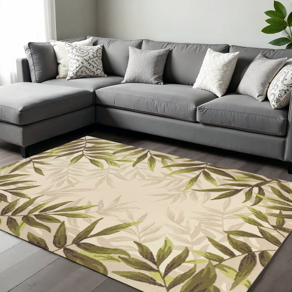 HomeRoots 8' Ivory and Green Botanical Leaves Hand-Tufted Wool Area Rug for Elegant Modern Interiors 8' X 11' 350343