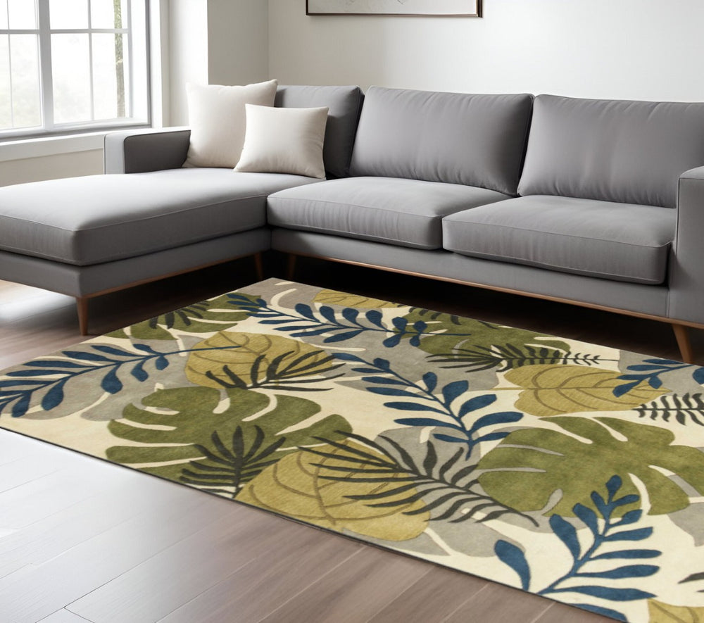 HomeRoots 8' Handcrafted Botanical Wool Area Rug in Ivory, Green & Blue - Elevate Your Space with Elegance 8' X 11' 350344