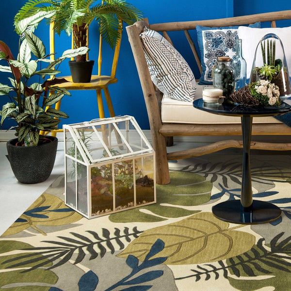 HomeRoots 8' Handcrafted Botanical Wool Area Rug in Ivory, Green & Blue - Elevate Your Space with Elegance 8' X 11' 350344