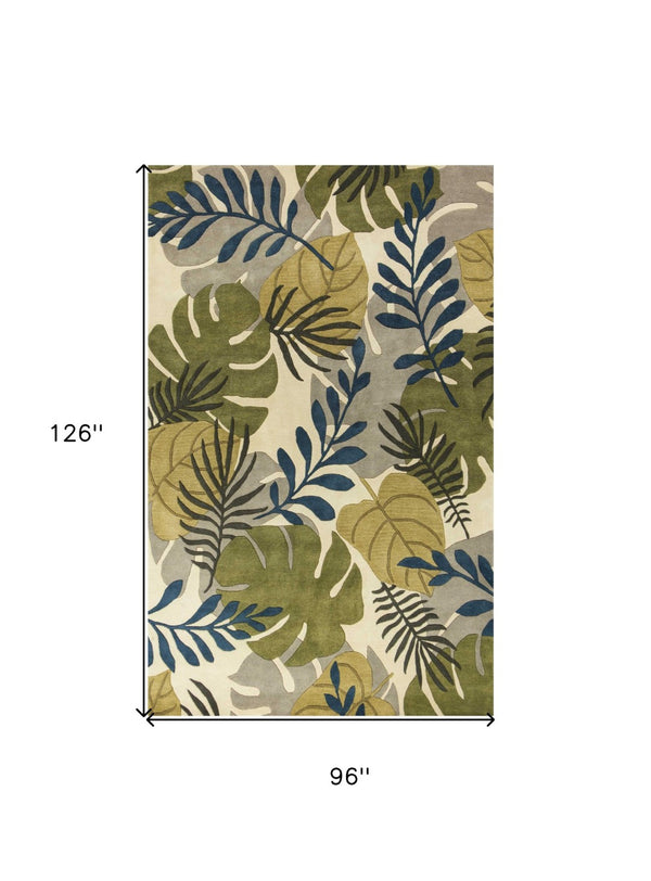 HomeRoots 8' Handcrafted Botanical Wool Area Rug in Ivory, Green & Blue - Elevate Your Space with Elegance 8' X 11' 350344