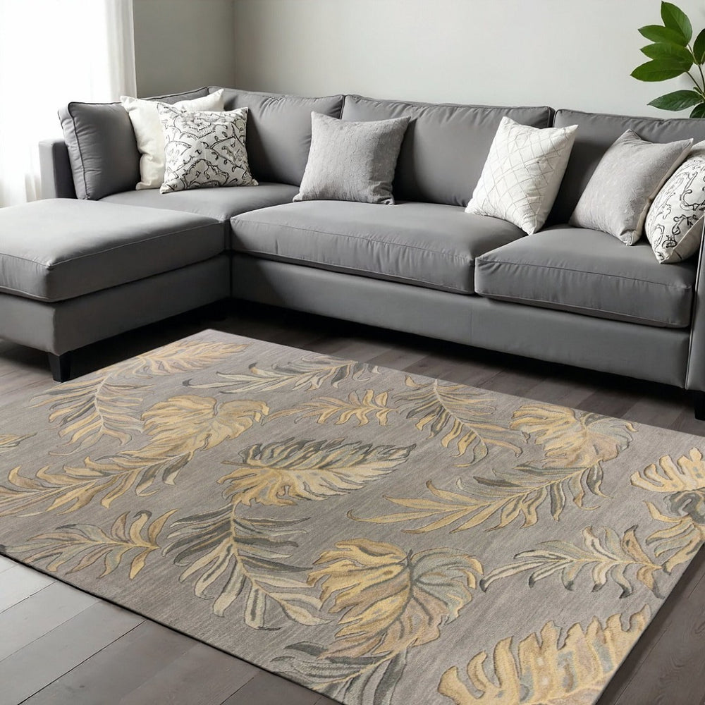 HomeRoots 8' Gray and Taupe Botanical Leaves Wool Area Rug - Hand-Tufted Comfort for Modern Living Spaces 8' X 11' 350345