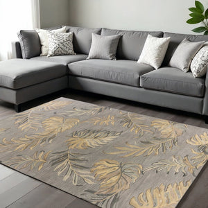 HomeRoots 8' Gray and Taupe Botanical Leaves Wool Area Rug - Hand-Tufted Comfort for Modern Living Spaces 8' X 11' 350345