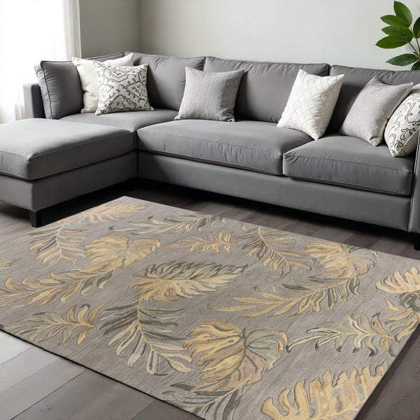 HomeRoots 8' Gray and Taupe Botanical Leaves Wool Area Rug - Hand-Tufted Comfort for Modern Living Spaces 8' X 11' 350345