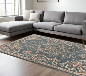HomeRoots 9' Slate Blue and Red Floral Medallion Area Rug - Timeless Elegance for Living Spaces and More 9' X 12' 350363