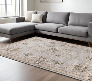 HomeRoots 9' Timeless Light Gray Floral Medallion Area Rug - Durable, Stain-Resistant Design for High-Traffic Areas 9' X 12' 350364
