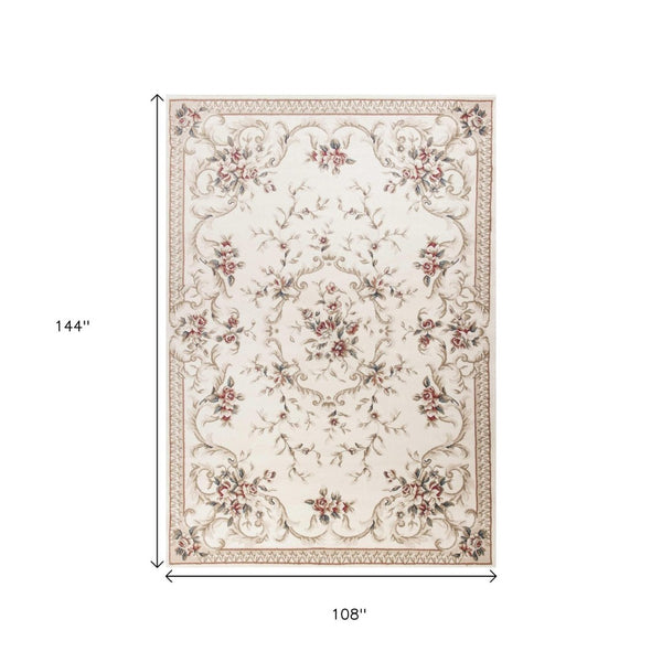 HomeRoots 9' Elegant Ivory Floral Medallion Area Rug with Red and Green Accents for Timeless Home Décor 9' X 12' 350365