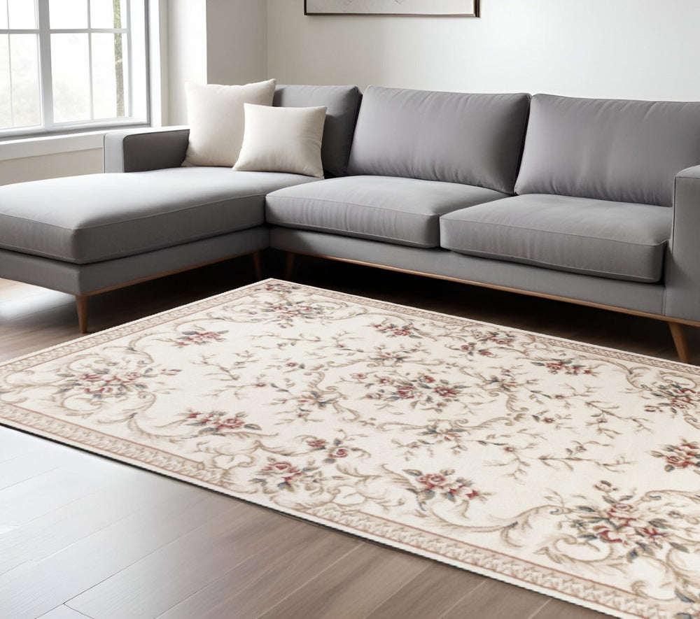 HomeRoots 9' Elegant Ivory Floral Medallion Area Rug with Red and Green Accents for Timeless Home Décor 9' X 12' 350365