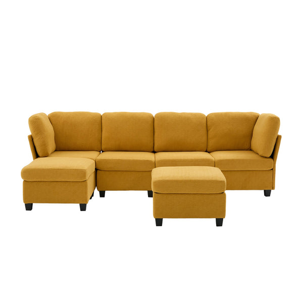 English Elm UNITED Modular 6-Seat Sectional Sofa with Removable Ottoman, Storage Compartments, Convertible Comfort Mustard yellow W1568S00247
