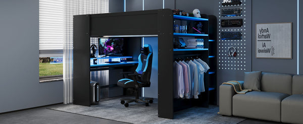 English Elm Full Size Gaming Bunk Bed with Rgb Lighting Integrated Desk Wardrobe and Storage Blue LT100266AAC