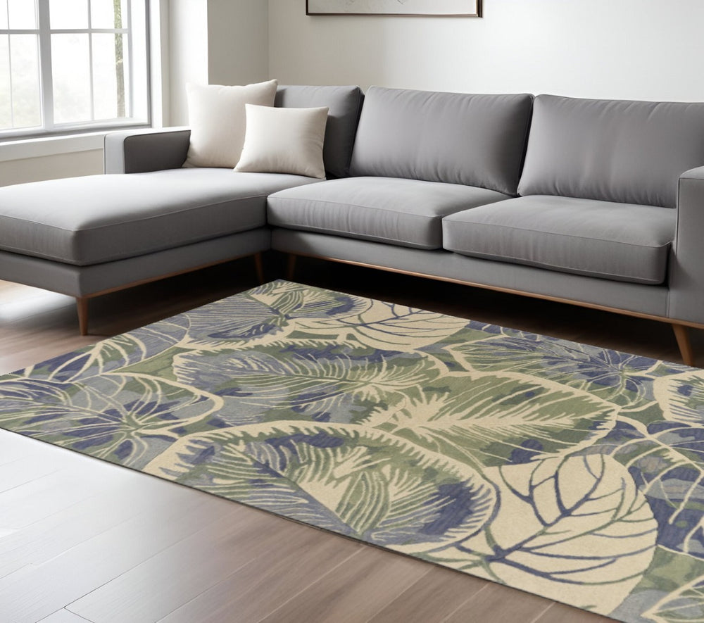 HomeRoots 9' Tropical Botanical Hand-Tufted Wool Area Rug in Blue, Green, and Beige – Elevate Your Space 9' X 12' 350426