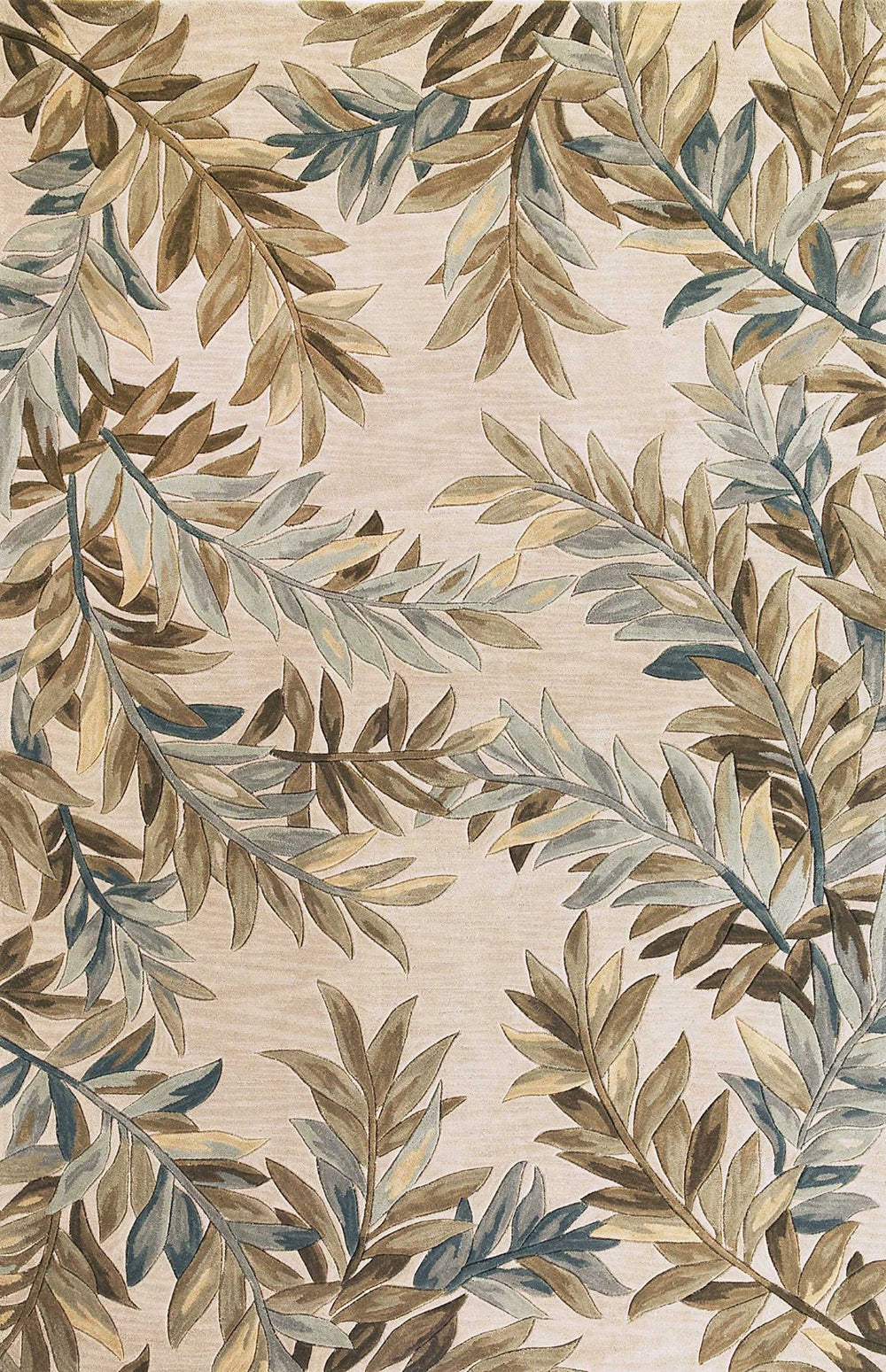 HomeRoots 9' Botanical Leaves Hand-Tufted Wool Area Rug in Ivory, Brown, and Blue for Contemporary Living Spaces 9' X 12' 350428