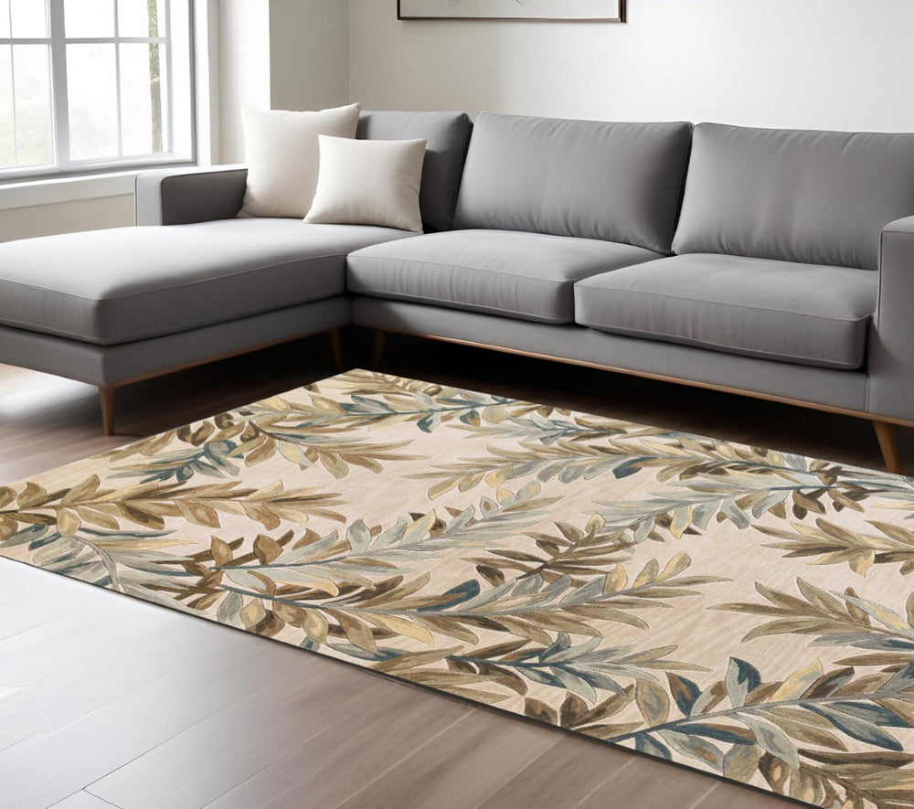 HomeRoots 9' Botanical Leaves Hand-Tufted Wool Area Rug in Ivory, Brown, and Blue for Contemporary Living Spaces 9' X 12' 350428