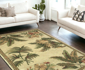 Homeroots 8' X 11'  Wool Ivory With Laurel Border Palm Tree Area Rug  Wool 350429