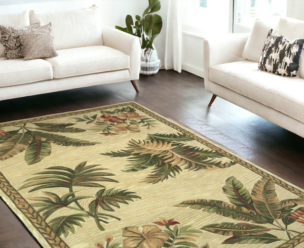 Homeroots 8' X 11'  Wool Ivory With Laurel Border Palm Tree Area Rug  Wool 350429