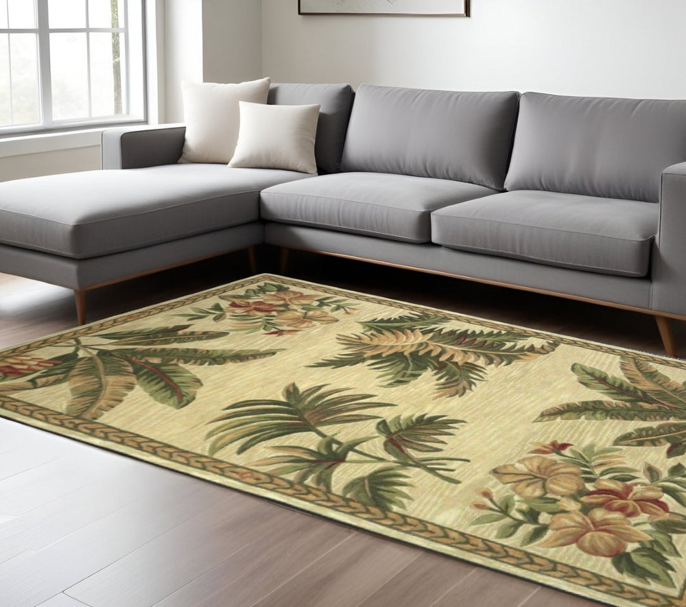 HomeRoots 8' Hand-Tufted Wool Area Rug with Tropical Botanical Design in Ivory, Green, and Brown Elegance 8' X 11' 350429