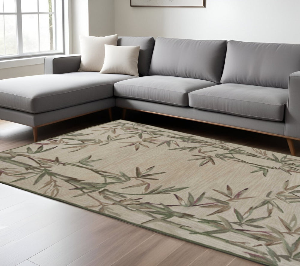 HomeRoots 9' Hand-Tufted Wool Area Rug with Botanical Leaves in Ivory, Green, and Brown for Cozy Living Spaces 9' X 12' 350432