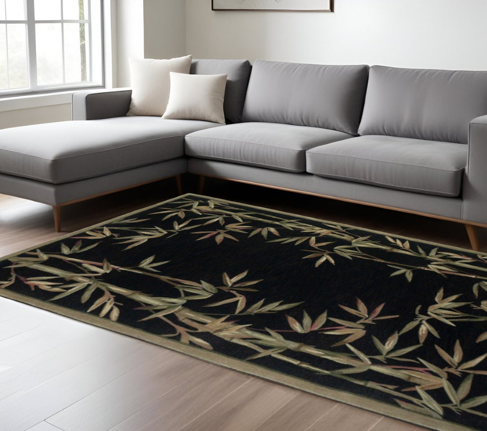 HomeRoots 8' Hand-Tufted Wool Area Rug with Tropical Botanical Design in Bold Black, Green, and Brown Colors 8' X 11' 350433