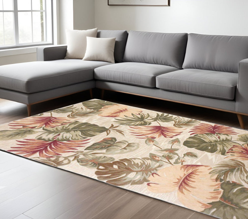 HomeRoots 9' Hand-Tufted Botanical Area Rug in Beige, Green, and Pink - Soft Wool Craftsmanship for Any Space 9' X 12' 350434
