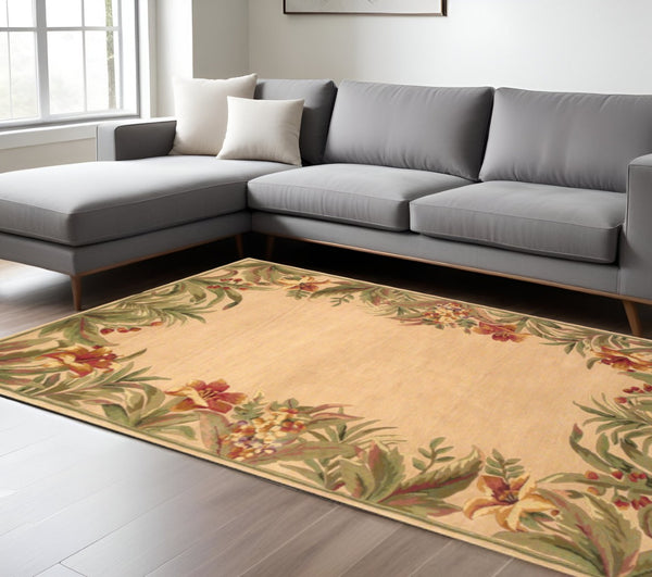 HomeRoots 8' Tropical Floral Hand-Tufted Wool Area Rug - Beige, Red & Green for Warmth and Style in Any Room 8' X 11' 350435