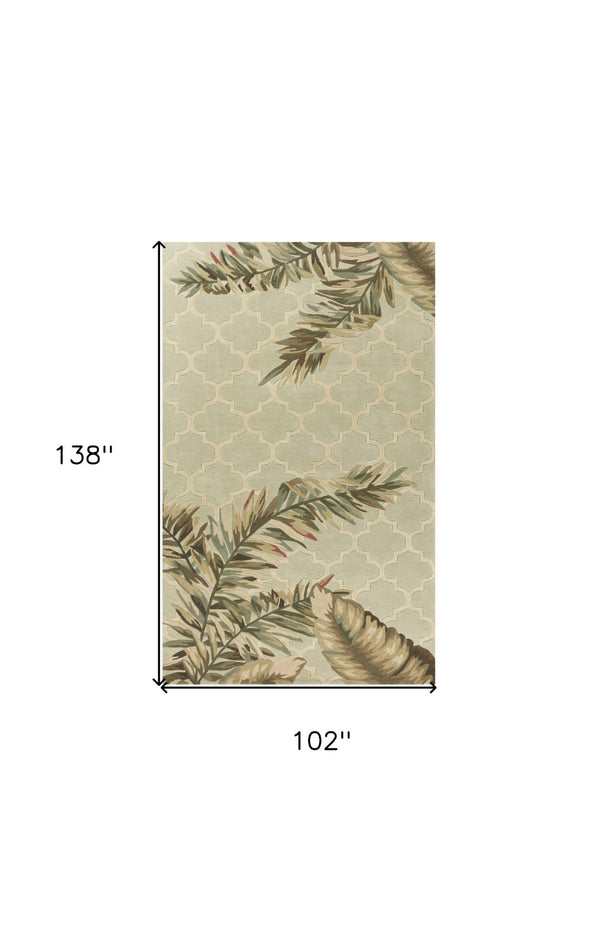 HomeRoots 9' Artisan-Crafted Wool Area Rug with Tropical Botanical Design in Serene Sage and Taupe Tones 9' X 12' 350436