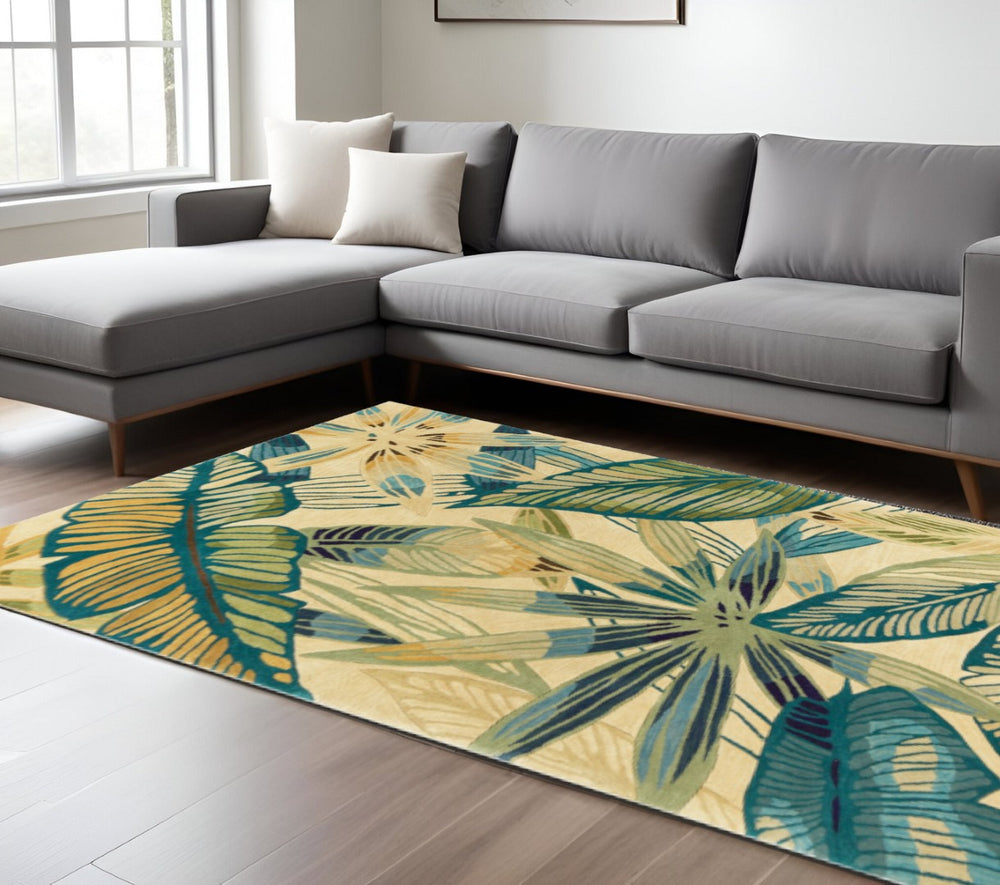 HomeRoots 9' Luxury Hand-Tufted Wool Area Rug - Tropical Botanical Design in Ivory, Teal & Green for Elegance 9' X 12' 350437