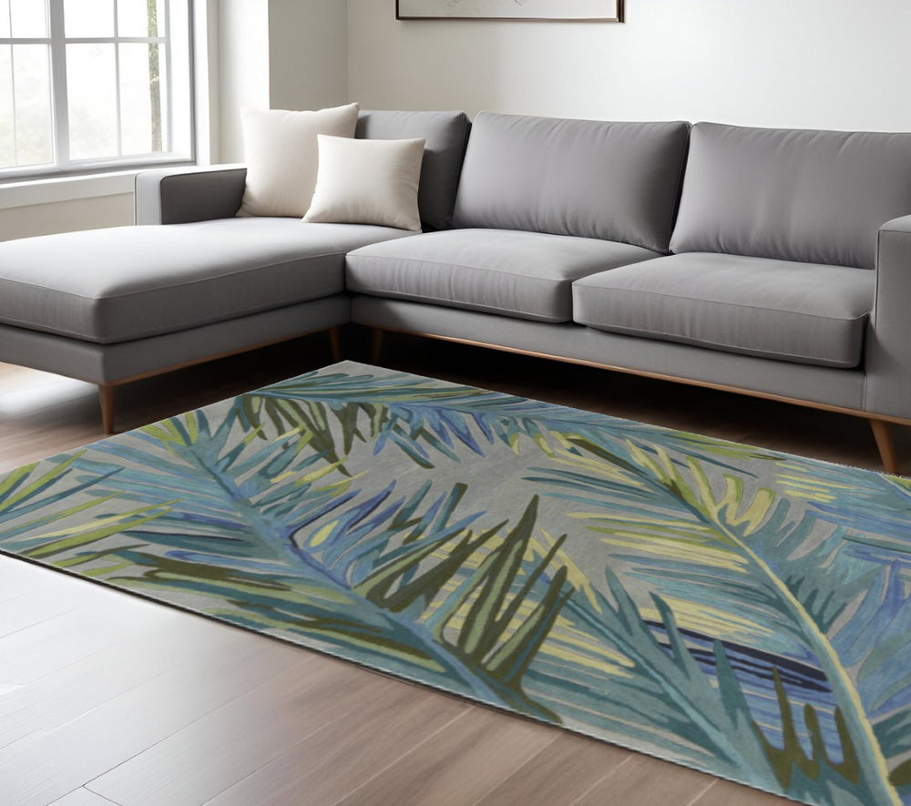 HomeRoots 9' Gray and Blue Botanical Wool Area Rug - Hand-Tufted Tropical Design for Comfort and Style 9' X 12' 350438