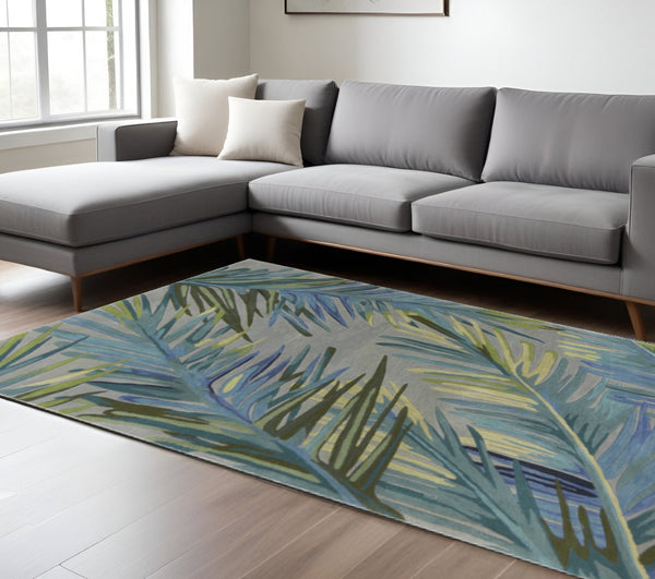 HomeRoots 9' Gray and Blue Botanical Wool Area Rug - Hand-Tufted Tropical Design for Comfort and Style 9' X 12' 350438