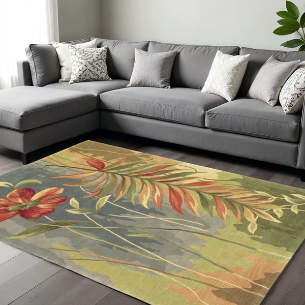 HomeRoots 9' Tropical Botanical Hand-Tufted Wool Area Rug in Blue and Green - Elevate Your Living Space! 9' X 12' 350439