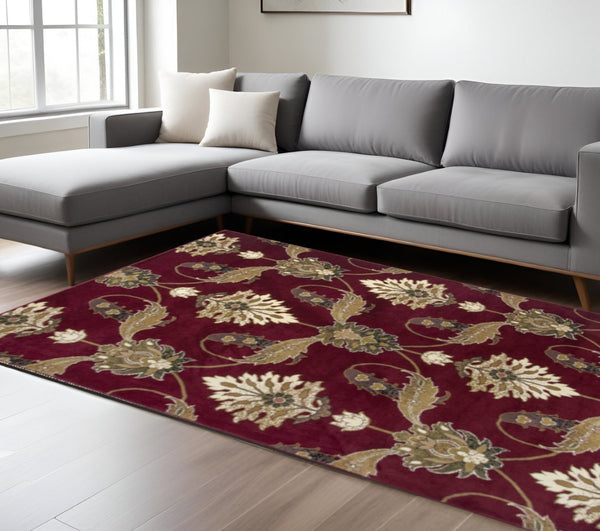 HomeRoots 9' Traditional Floral Vines Area Rug in Rich Red, Beige, and Brown - Timeless Elegance for Your Home 9' X 13' 350456