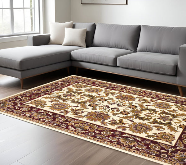 HomeRoots 9' Timeless Floral Medallion Area Rug in Ivory, Red, and Orange - Durable, Stylish, and Easy-Care Design 10" x 13" 350459