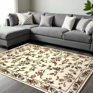 HomeRoots 10' Elegant Floral Vines Area Rug in Ivory, Green & Red - Durable & Timeless Design for Any Space 10" x 13" 350470