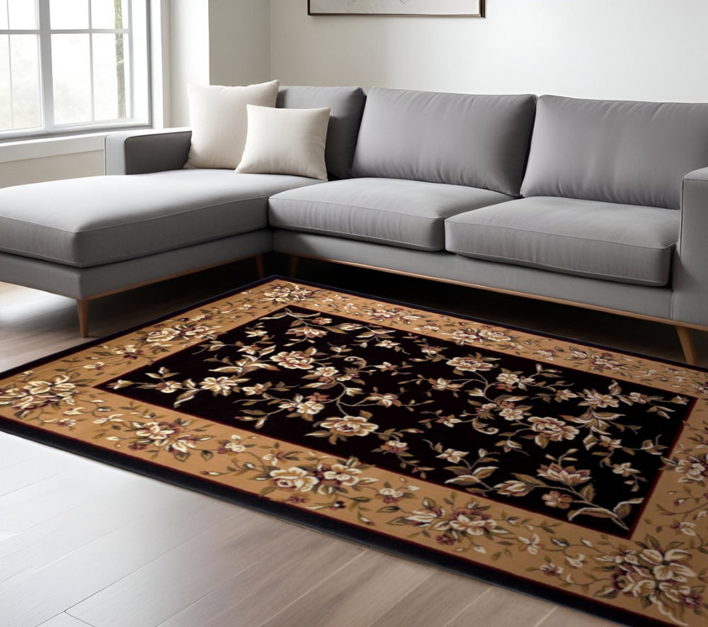 HomeRoots 9' Timeless Floral Vines Area Rug in Tan, Black, and Beige – Cozy, Durable, and Elegant Decor Choice 9' X 13' 350472